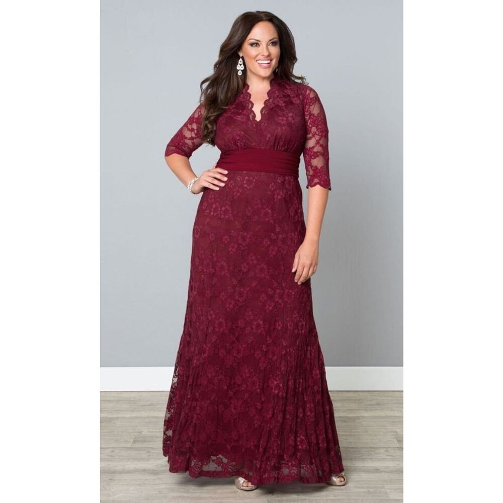 Kiyonna Maxi Dress Gown Red Lace Screen Siren Style 2X Empire Waist Slimming